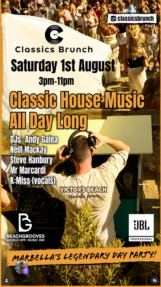 Classics Brunch at Victor's Beach Marbella, August 1 2026 lineup flyer